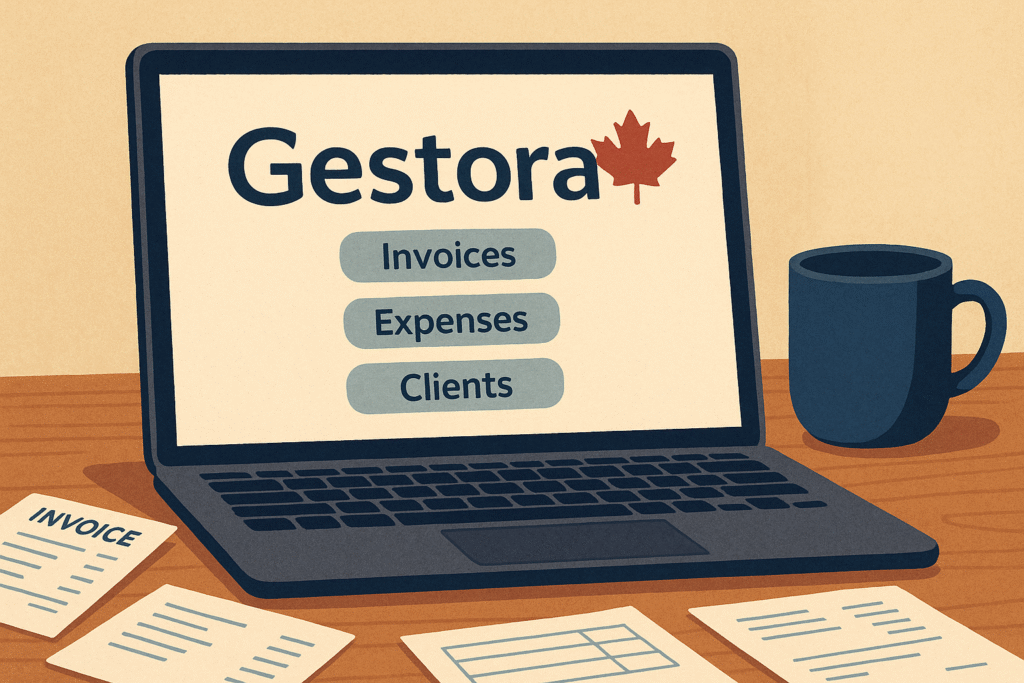 Illustration of a laptop screen displaying the Gestora platform with options for invoices, expenses, and clients beside a blue coffee mug and scattered receipts on a wooden desk, symbolizing practical financial management for Canadian freelancers and small business owners.