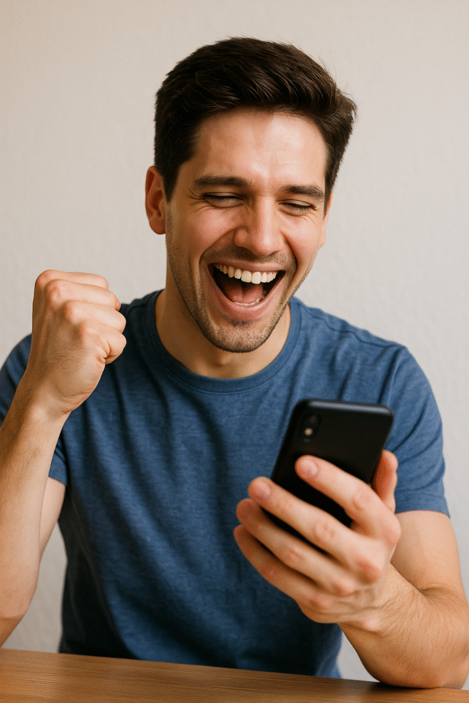 A smiling man looking at his phone with excitement, raising his fist in celebration after receiving good news.