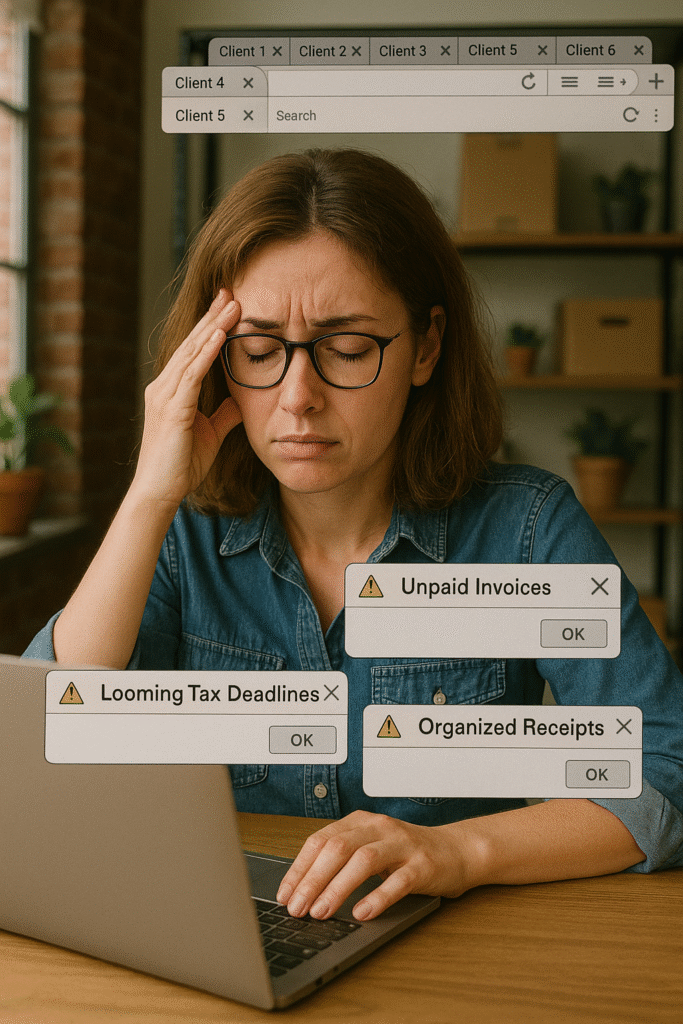 A stressed small business owner in a denim shirt sitting at her desk with her hand on her temple, surrounded by digital browser tab overlays showing unpaid invoices, looming tax deadlines, and disorganized receipts, symbolizing mental overload and multitasking fatigue.