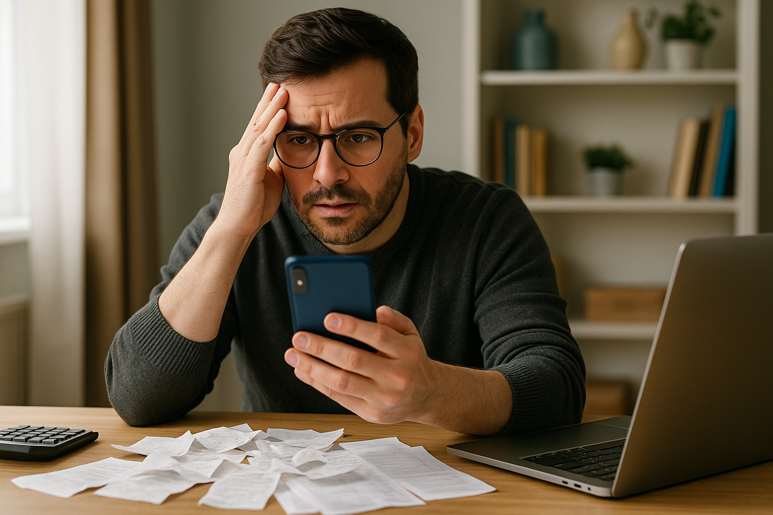 A Canadian small business owner looks stressed while checking his phone at a desk cluttered with receipts, laptop, and calculator — representing tax season pressure and financial overwhelm.