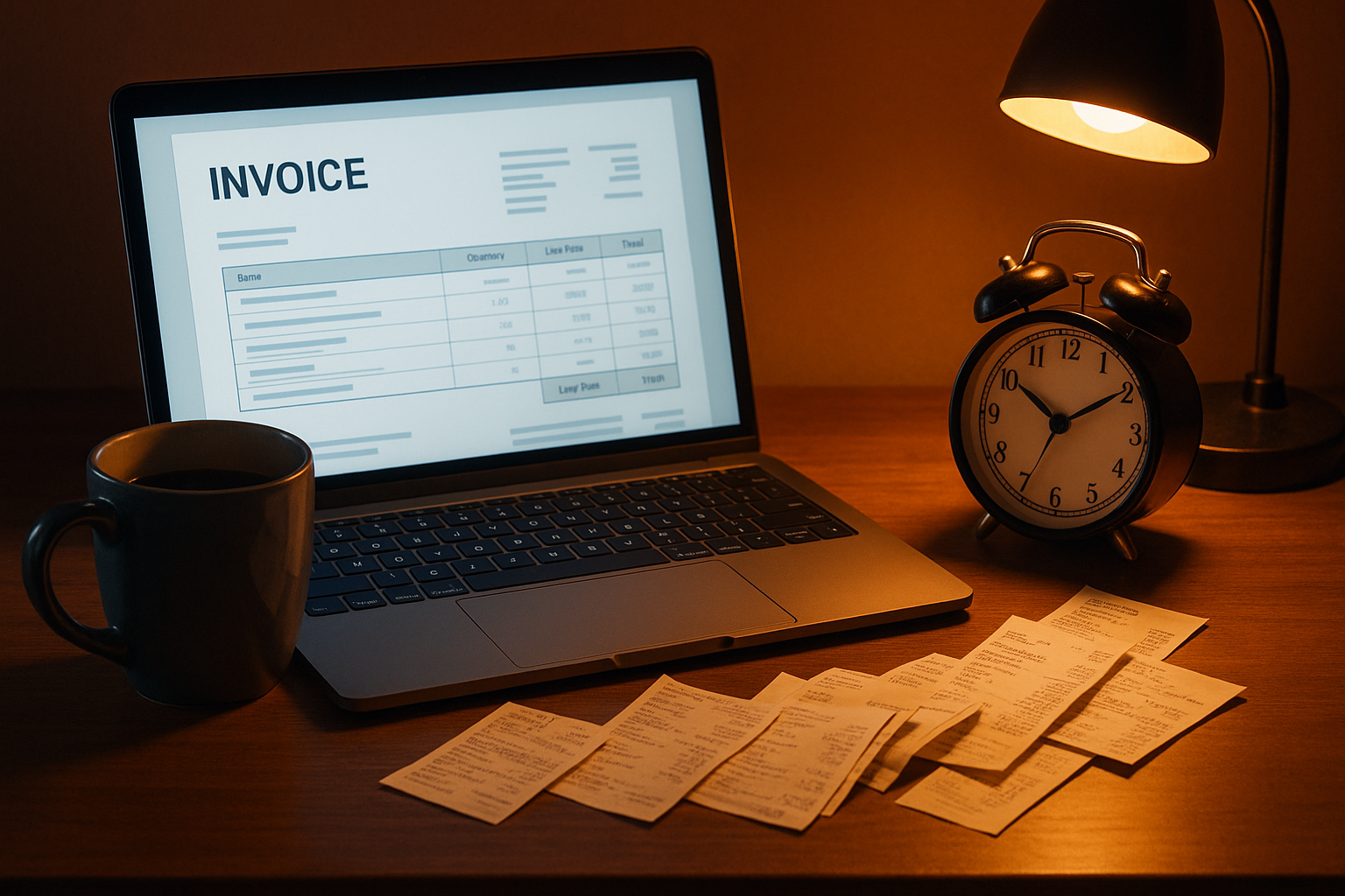 Freelancer working late at night with coffee and laptop surrounded by receipts and invoices, representing burnout and the relief of automation with Gestora.ca.