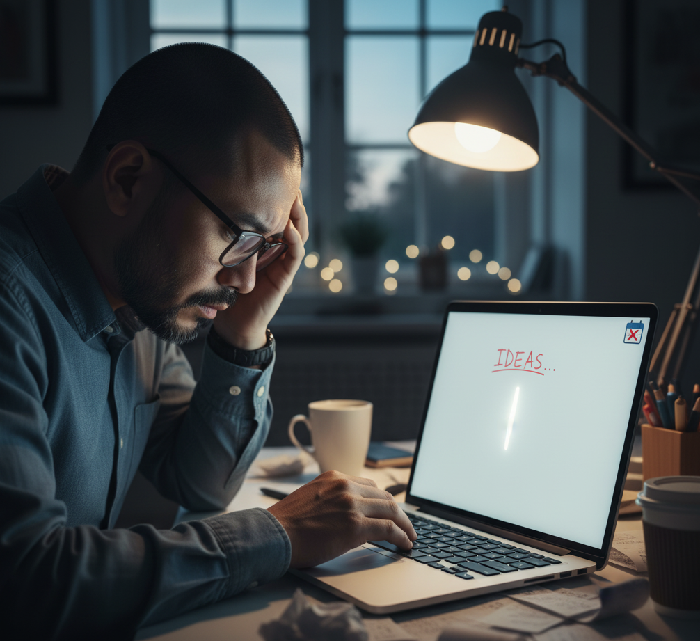 Frustrated small business owner staring at a blank laptop screen, illustrating content creation fatigue.