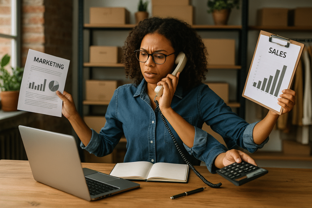 An overwhelmed multi-armed solopreneur woman juggling marketing, sales, phone calls, laptop, and calculator, representing small business burnout and content creation fatigue.