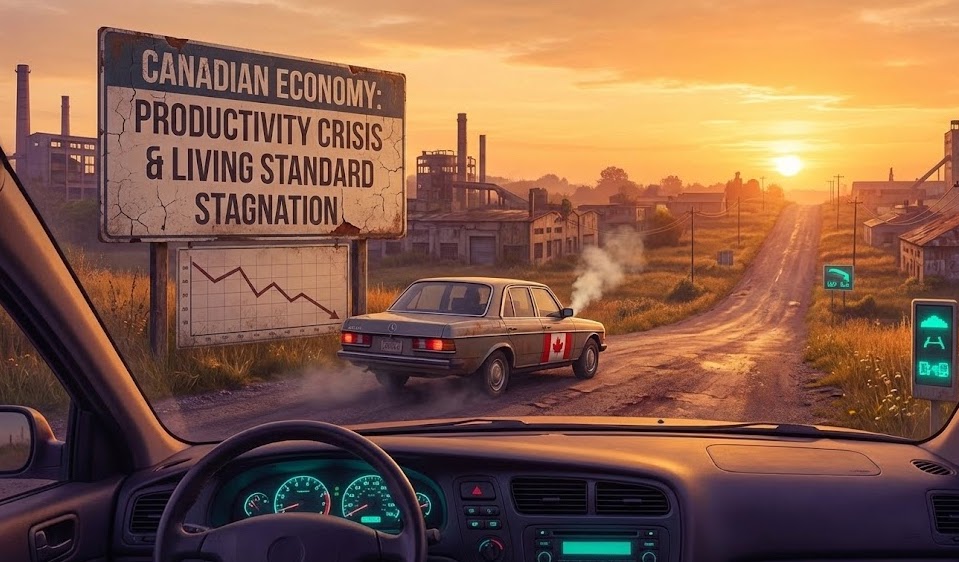 A view from inside a vehicle looking out the windshield at a weathered roadside sign that reads "CANADIAN ECONOMY: PRODUCTIVITY CRISIS & LIVING STANDARD STAGNATION," accompanied by a graph showing a downward trend. An older car marked with a Canadian flag drives away down a dirt road towards a smokestack-filled industrial landscape at sunset.