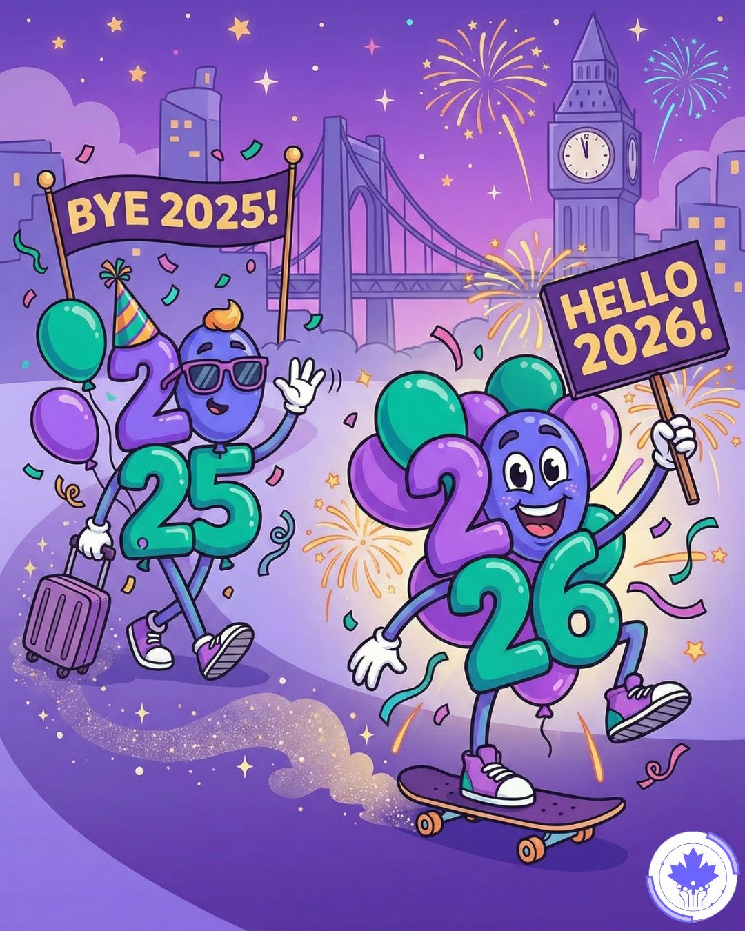 A cartoon illustration shows two anthropomorphic balloon characters celebrating the New Year against a purple cityscape background with fireworks. On the left, a character made of "2025" balloons waves goodbye, holding a suitcase and a "BYE 2025!" sign. On the right, a character made of "2026" balloons rides a skateboard, holding a "HELLO 2026!" sign. A logo is present in the bottom right corner.